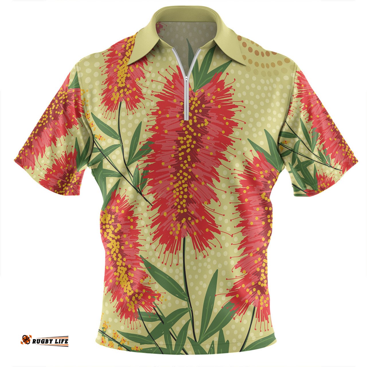 Australia Flowers Aboriginal Zip Polo Shirt - Aboriginal Painting Red Bottle Brush Tree Zip Polo Shirt