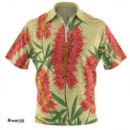 Australia Flowers Aboriginal Zip Polo Shirt - Aboriginal Painting Red Bottle Brush Tree Zip Polo Shirt