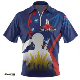 Australia Anzac Day Custom Zip Polo Shirt - Lest We Forget With Blue Camouflage Pattern Zip Polo Shirt