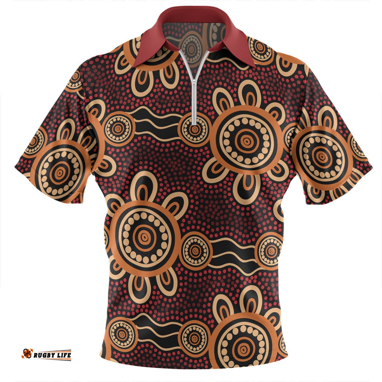 Australia Dot Painting Inspired Aboriginal Zip Polo Shirt - Aboriginal Dot Pattern Painting Art Zip Polo Shirt