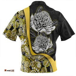 Australia  Warratah Goanna Aboriginal Zip Polo Shirt - Waratah Flowers With Yellow Lizards, Stones, Sand Dot Art Painting Inspired Zip Polo Shirt