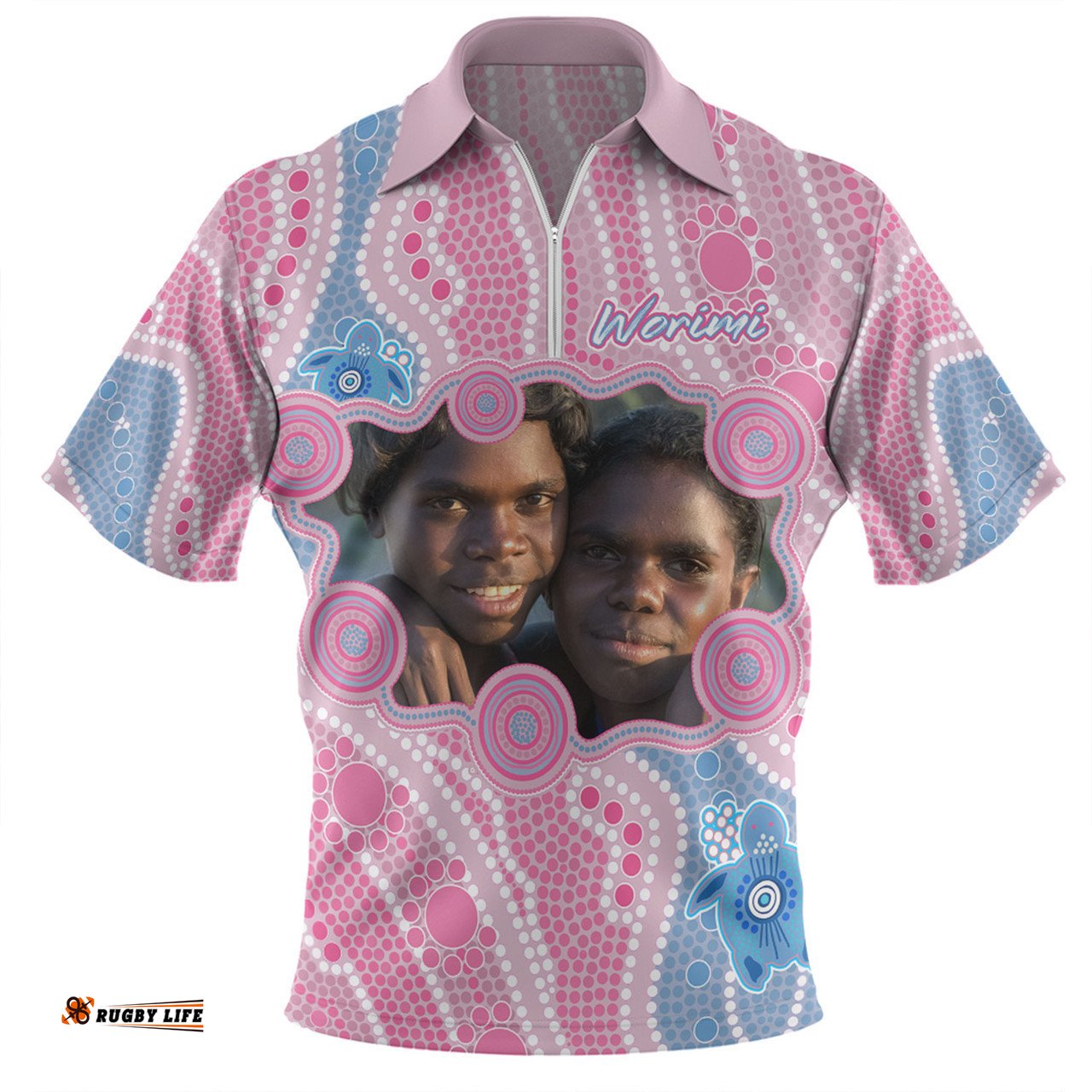 Australia Personalised Aboriginal Custom Zip Polo Shirt - River And Turtles Dot Art Painting Pink Zip Polo Shirt