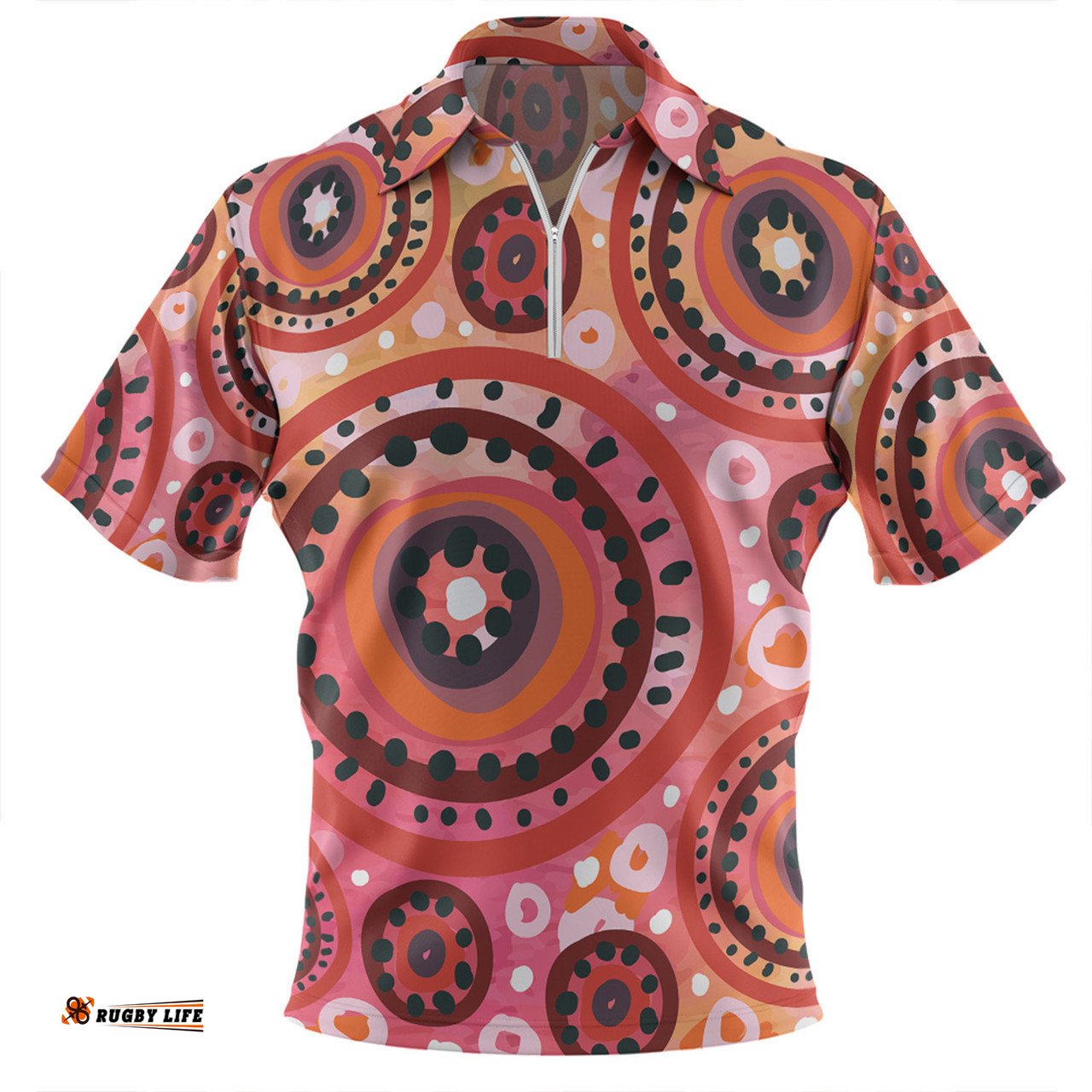 Australia Dot Painting Inspired Aboriginal Zip Polo Shirt - Circle In The Aboriginal Dot Art Style Zip Polo Shirt