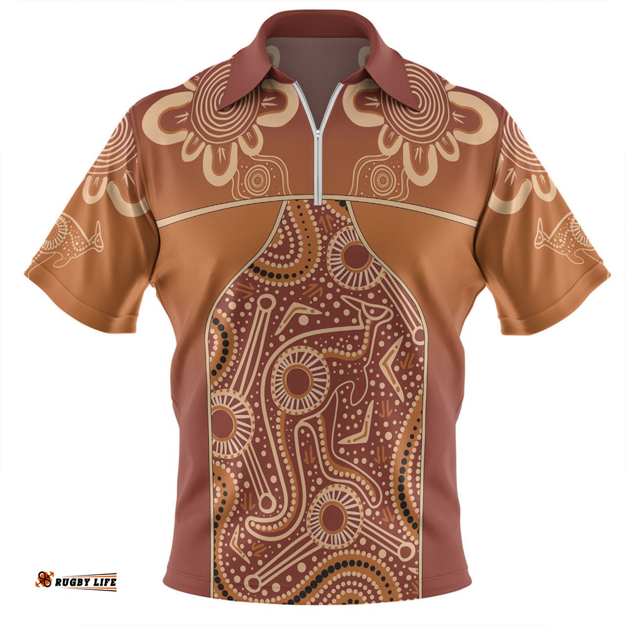 Australia Aboriginal Custom Zip Polo Shirt - Brown Kangaroo In Aboriginal Dot Art Zip Polo Shirt