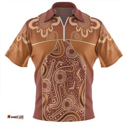 Australia Aboriginal Custom Zip Polo Shirt - Brown Kangaroo In Aboriginal Dot Art Zip Polo Shirt