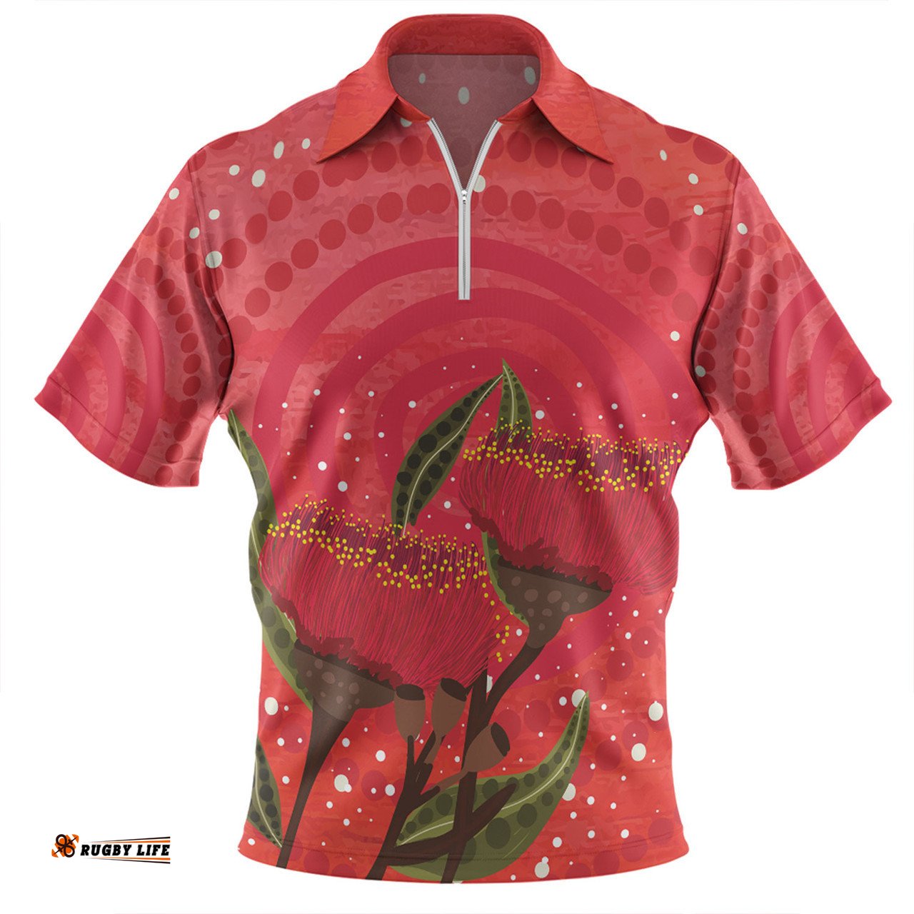 Australia Aboriginal Zip Polo Shirt - Red Aboriginal Art With Eucalyptus Flowers Zip Polo Shirt