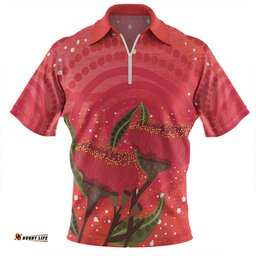 Australia Aboriginal Zip Polo Shirt - Red Aboriginal Art With Eucalyptus Flowers Zip Polo Shirt