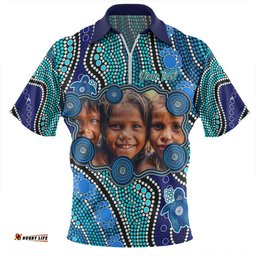 Australia Personalised Aboriginal Custom Zip Polo Shirt - River And Turtles Dot Art Painting Blue Zip Polo Shirt