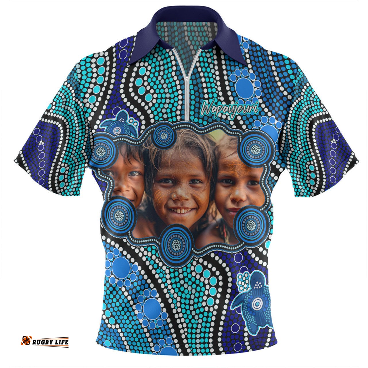 Australia Personalised Aboriginal Custom Zip Polo Shirt - River And Turtles Dot Art Painting Blue Zip Polo Shirt