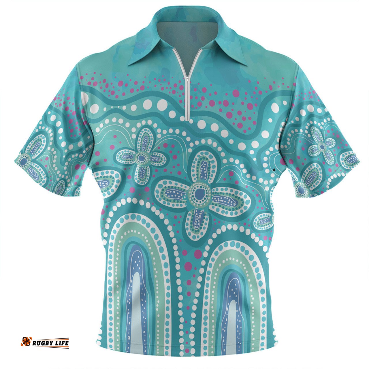 Australia Aboriginal Zip Polo Shirt - Dot painting illustration in Aboriginal style Turquoise Zip Polo Shirt