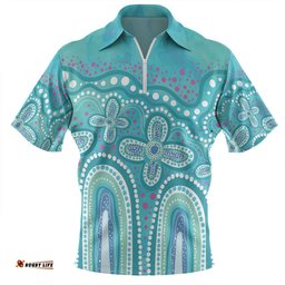 Australia Aboriginal Zip Polo Shirt - Dot painting illustration in Aboriginal style Turquoise Zip Polo Shirt