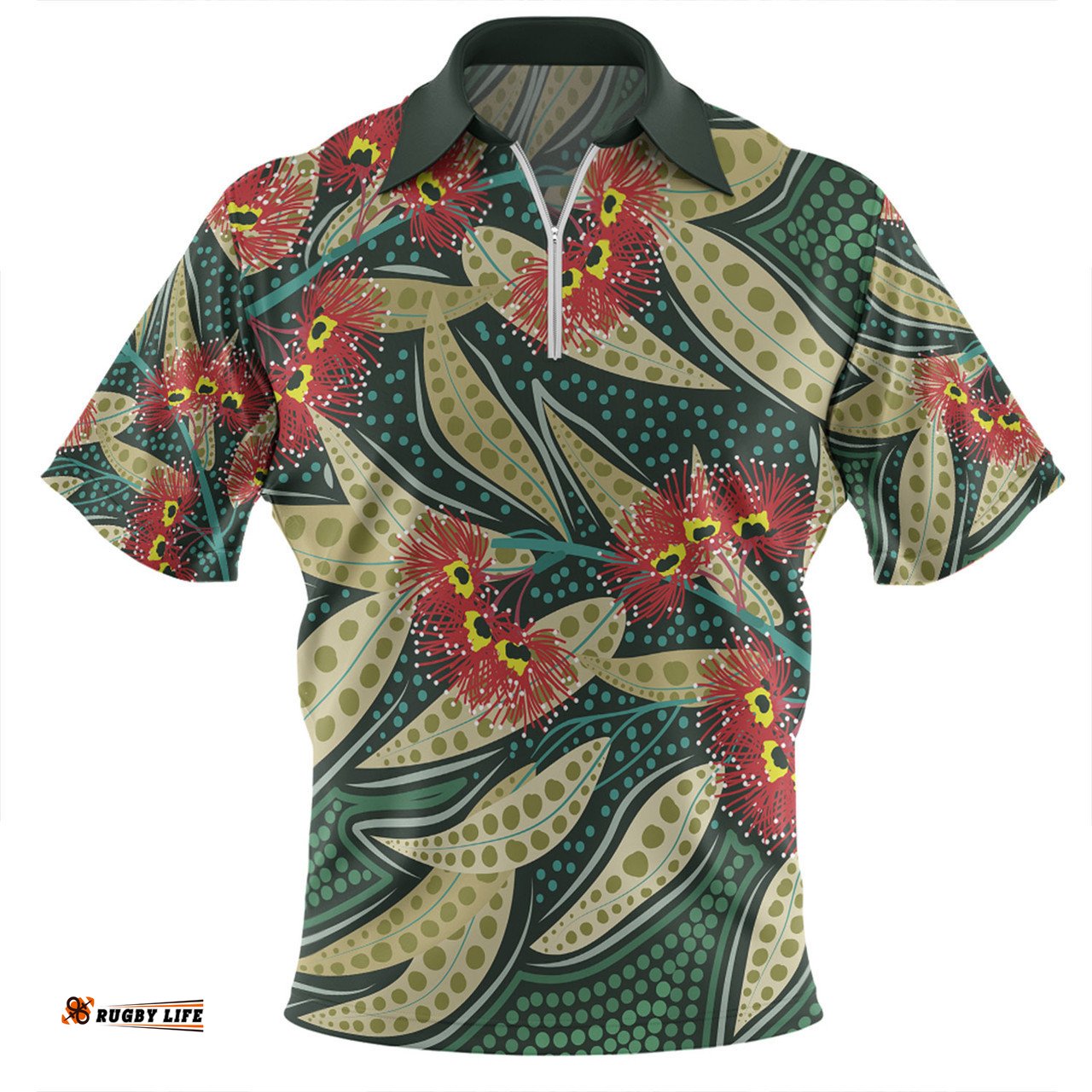 Australia Flowers Aboriginal Zip Polo Shirt - Aboriginal Dot Art of Australian Native Eucalyptus Plant Zip Polo Shirt