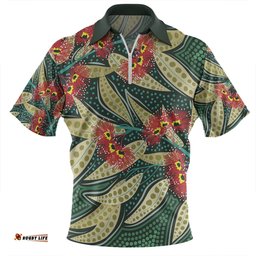 Australia Flowers Aboriginal Zip Polo Shirt - Aboriginal Dot Art of Australian Native Eucalyptus Plant Zip Polo Shirt