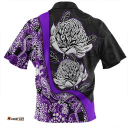 Australia  Warratah Goanna Aboriginal Zip Polo Shirt - Waratah Flowers With Purple Lizards, Stones, Sand Dot Art Painting Inspired Zip Polo Shirt