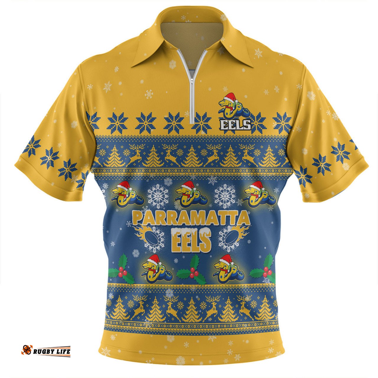 Parramatta Eels Christmas Custom Zip Polo Shirt - Special Ugly Christmas Zip Polo Shirt