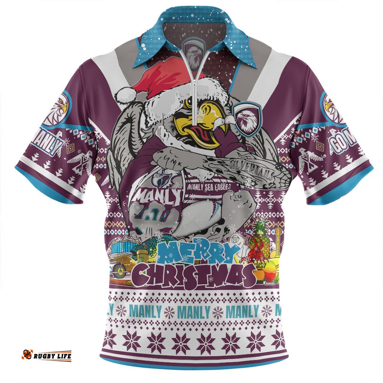 Manly Warringah Sea Eagles Christmas Custom Zip Polo Shirt - Manly Santa Aussie Big Things Zip Polo Shirt