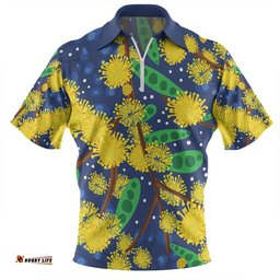 Australia Aboriginal Zip Polo Shirt - Australian Yellow Wattle Flower Artwork Zip Polo Shirt