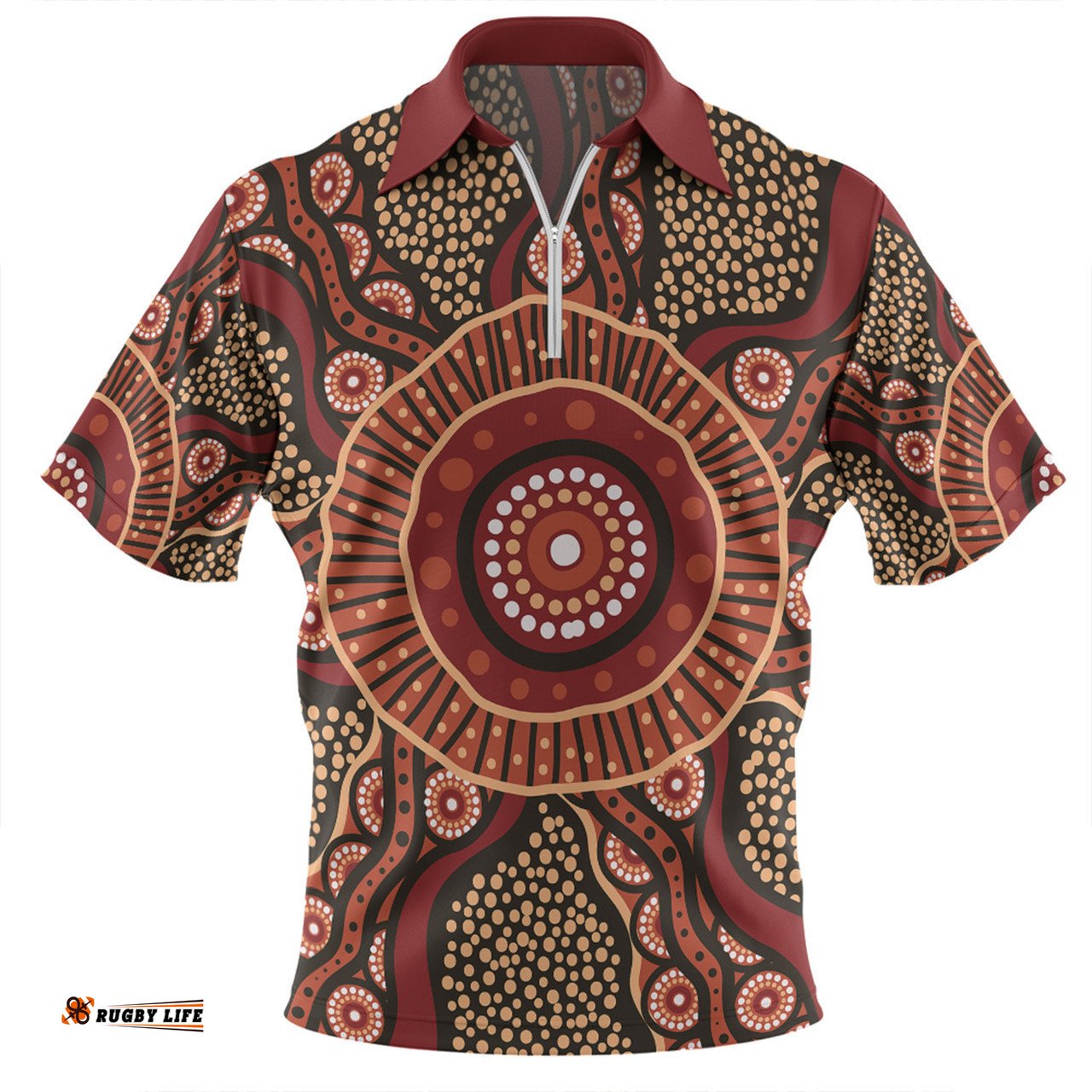Australia Aboriginal Zip Polo Shirt - Brown Aboriginal Style Dot Painting Zip Polo Shirt