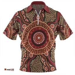 Australia Aboriginal Zip Polo Shirt - Brown Aboriginal Style Dot Painting Zip Polo Shirt