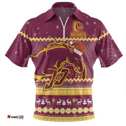 Brisbane Broncos Christmas Custom Zip Polo Shirt - Ugly Xmas And Aboriginal Patterns For Die Hard Fan Zip Polo Shirt