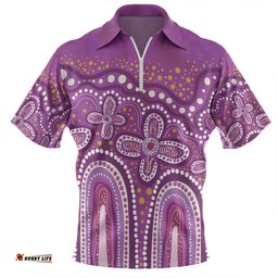 Australia Aboriginal Zip Polo Shirt - Dot painting illustration in Aboriginal style Pink Zip Polo Shirt