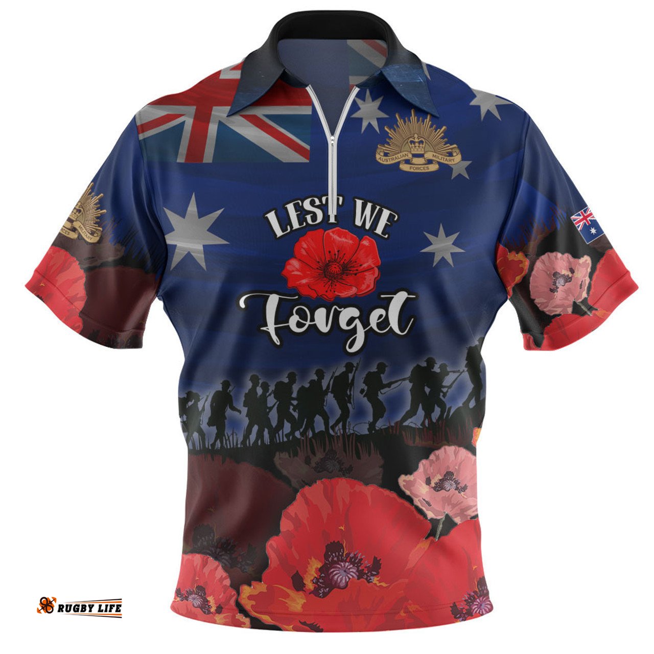 Australia Zip Polo Shirt - Anzac Day Soldier With Poppies Flowers