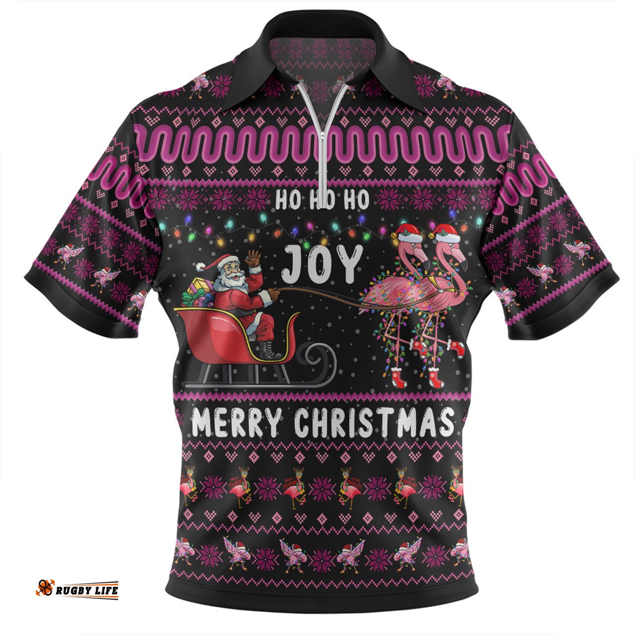 Australia Christmas Custom Zip Polo Shirt - Aussie Christmas Pink Flamingo Santa Sleigh Zip Polo Shirt