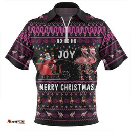 Australia Christmas Custom Zip Polo Shirt - Aussie Christmas Pink Flamingo Santa Sleigh Zip Polo Shirt
