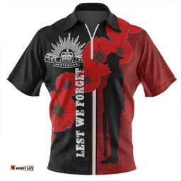 Australia Anzac Day Zip Polo Shirt - Lest We Forget Remebrance Day (Black) Zip Polo Shirt