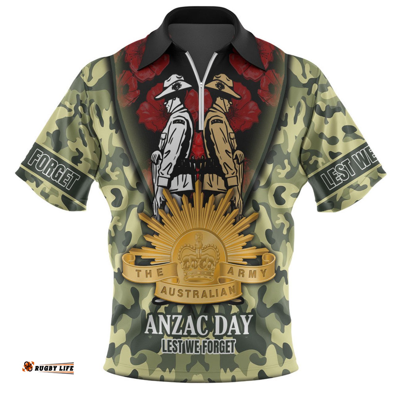 Australia Zip Polo Shirt - Anzac Day Australian Army Camo Patterns