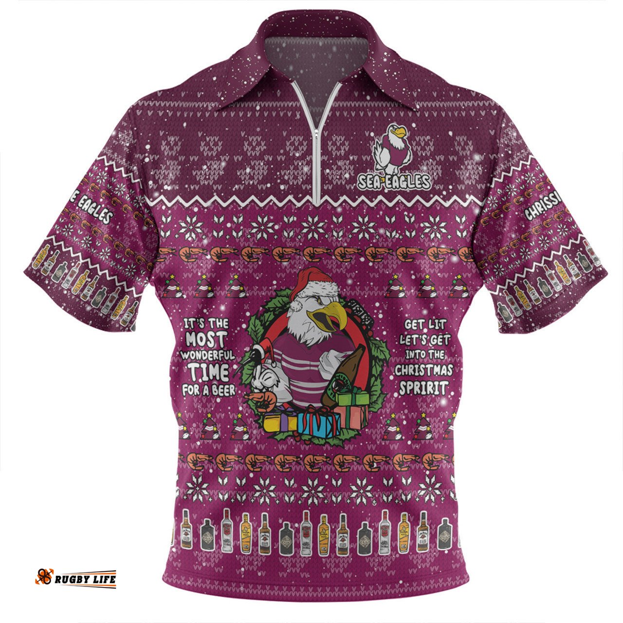 Manly Warringah Sea Eagles Christmas Custom Zip Polo Shirt - Chrissie Spirit Zip Polo Shirt