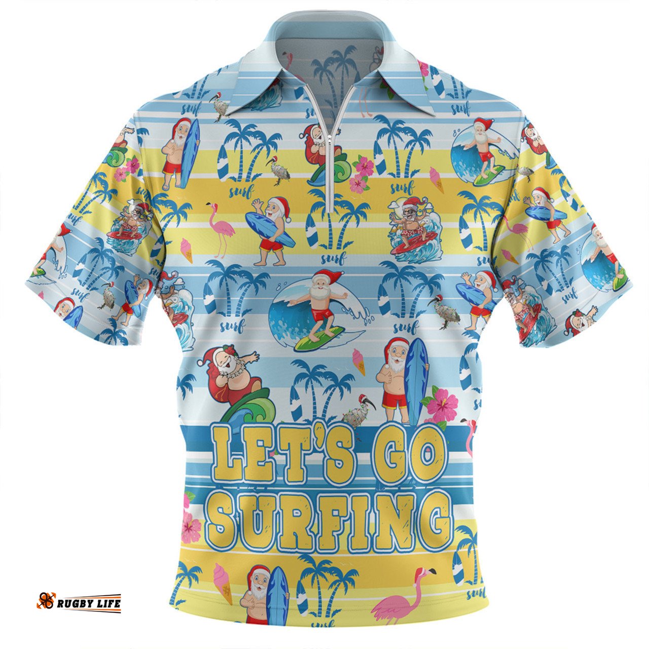 Australia Surfing Christmas Zip Polo Shirt - Tropical Santa Let's Go Surfing Zip Polo Shirt