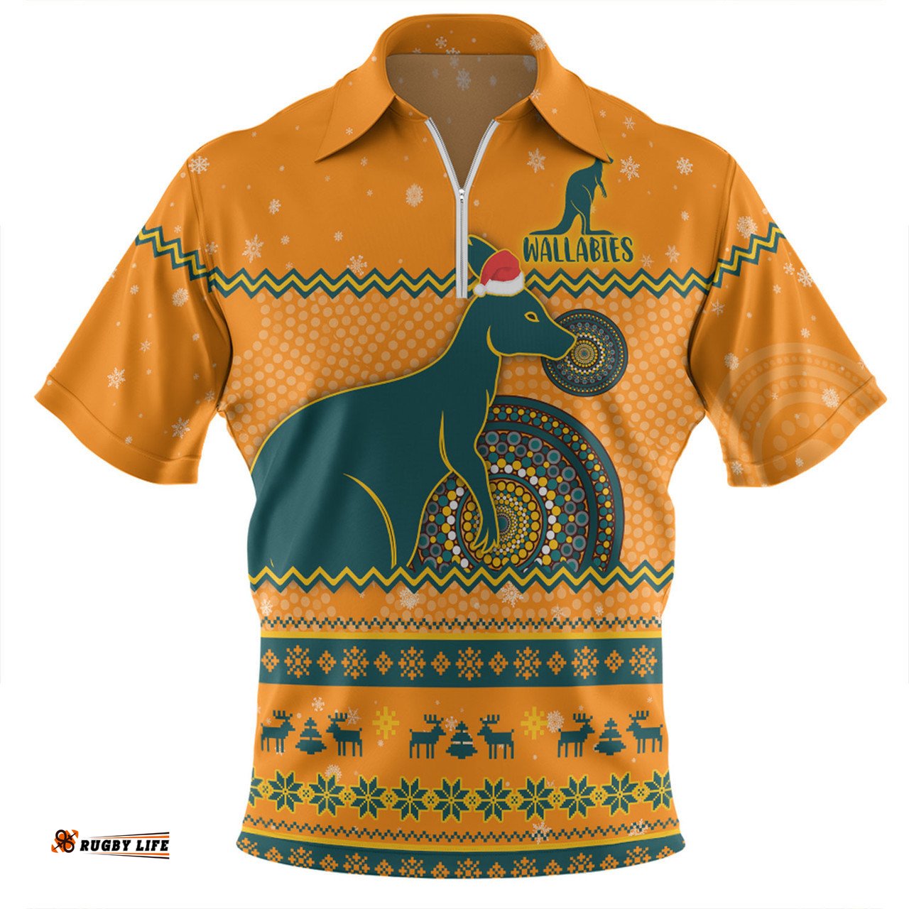 Australia Wallabies Christmas Custom Zip Polo Shirt - Ugly Xmas And Aboriginal Patterns For Die Hard Fan Zip Polo Shirt