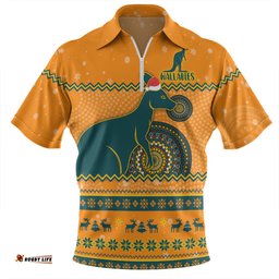 Australia Wallabies Christmas Custom Zip Polo Shirt - Ugly Xmas And Aboriginal Patterns For Die Hard Fan Zip Polo Shirt