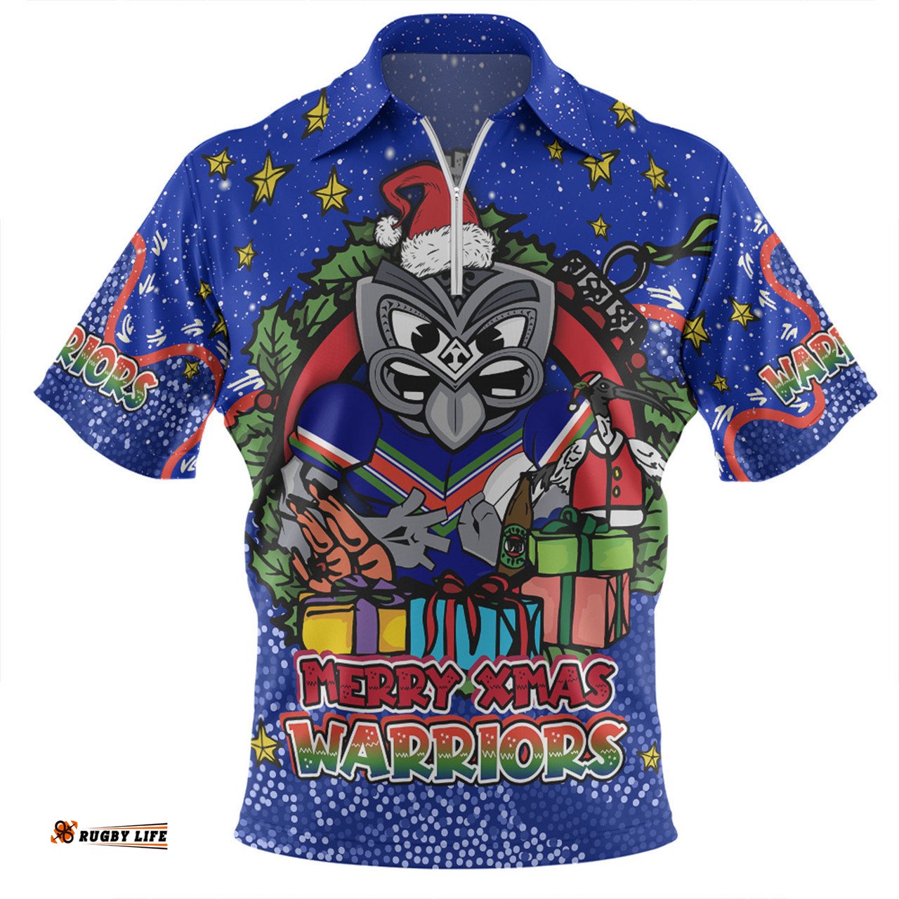 New Zealand Warriors Christmas Custom Zip Polo Shirt - Merry Christmas Our Beloved Team With Aboriginal Dot Art Pattern Zip Polo Shirt