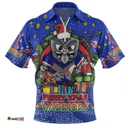 New Zealand Warriors Christmas Custom Zip Polo Shirt - Merry Christmas Our Beloved Team With Aboriginal Dot Art Pattern Zip Polo Shirt