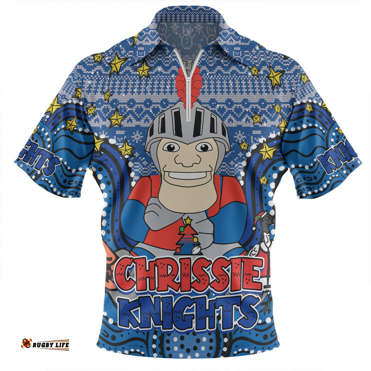 Newcastle Knights Christmas Custom Zip Polo Shirt - Christmas Knit Patterns Vintage Jersey Ugly Zip Polo Shirt