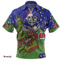 New Zealand Warriors Christmas Custom Zip Polo Shirt - Let's Get Lit Chrisse Pressie Zip Polo Shirt
