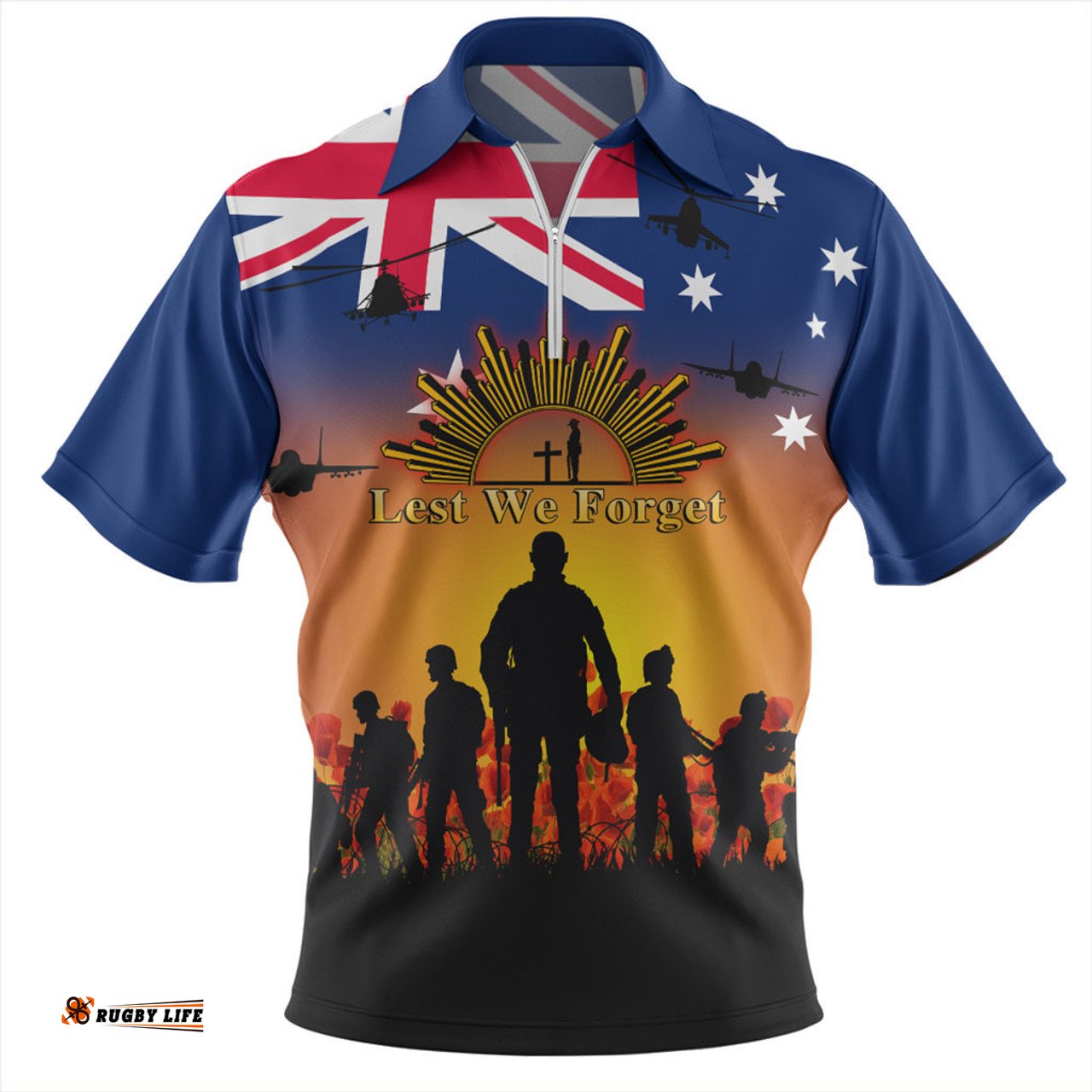 Australia Zip Polo Shirt Anzac Flag With Soldiers Sunset