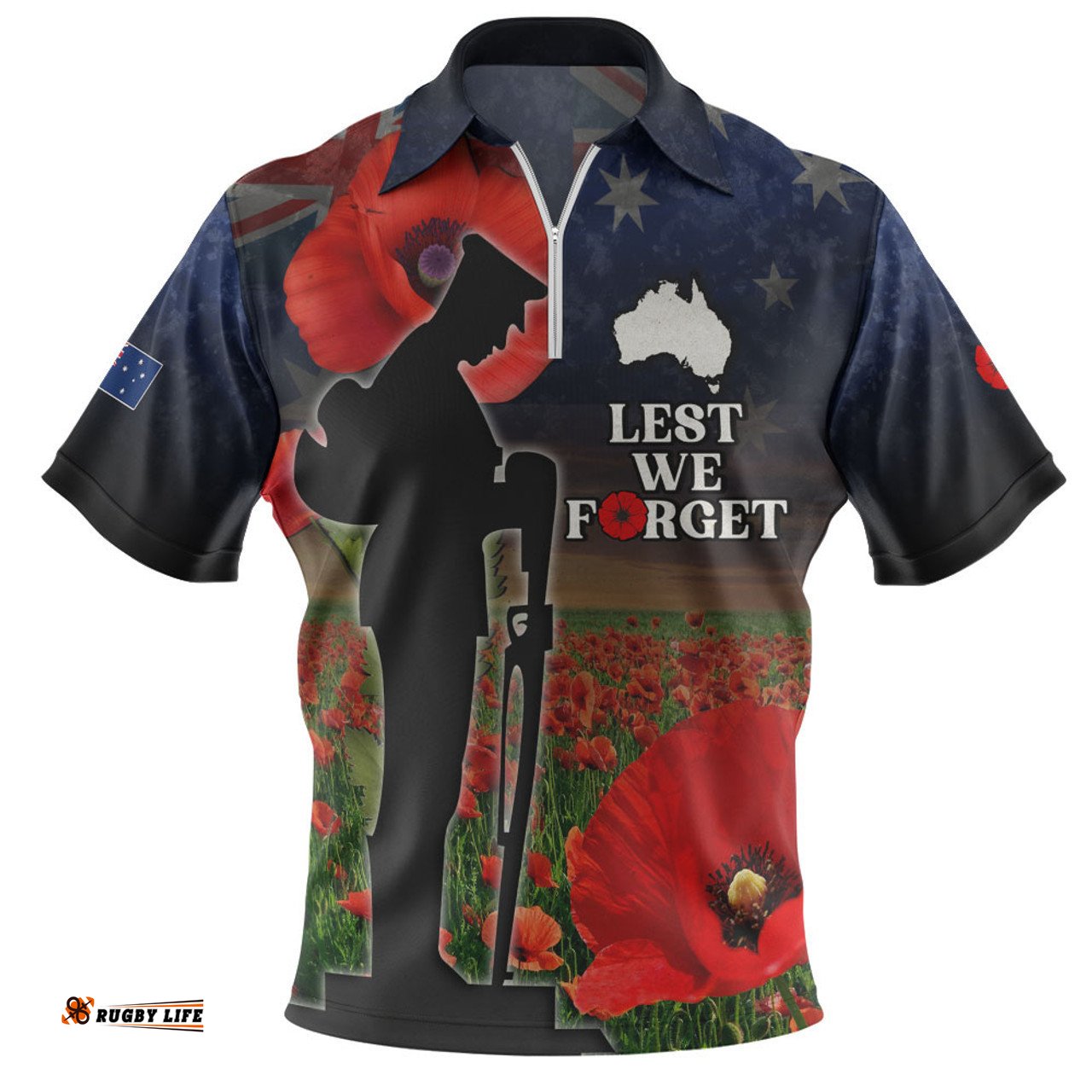 Australia Zip Polo Shirt - Custom Anzac Day Lest We Forget Red Poppies