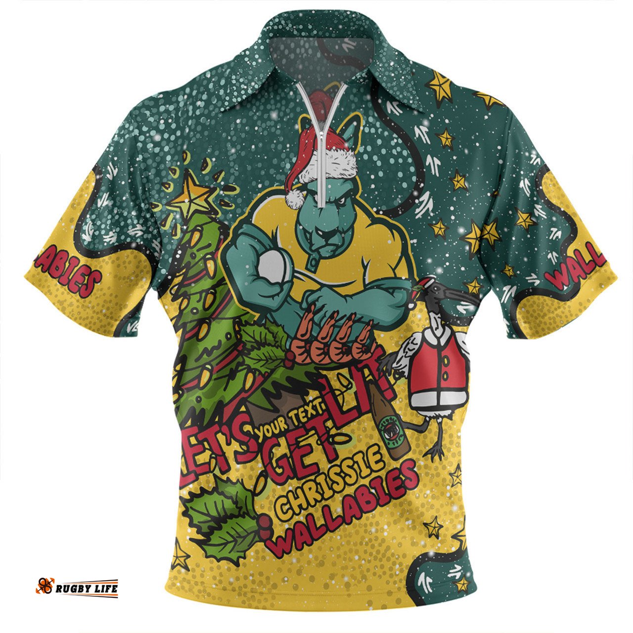 Australia Wallabies Christmas Custom Zip Polo Shirt - Let's Get Lit Chrisse Pressie Zip Polo Shirt