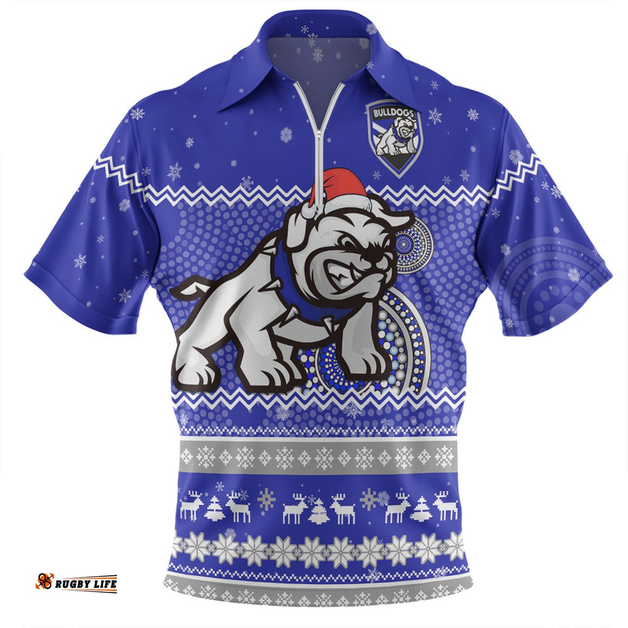 Canterbury-Bankstown Bulldogs Christmas Custom Zip Polo Shirt - Ugly Xmas And Aboriginal Patterns For Die Hard Fan Zip Polo Shirt