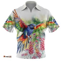 Australia Rainbow Lorikeets Zip Polo Shirt - Rainbow Lorikeets Flying With Grevillea Flowers Art Zip Polo Shirt