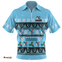 Cronulla-Sutherland Sharks Christmas Custom Zip Polo Shirt - Special Ugly Christmas Zip Polo Shirt