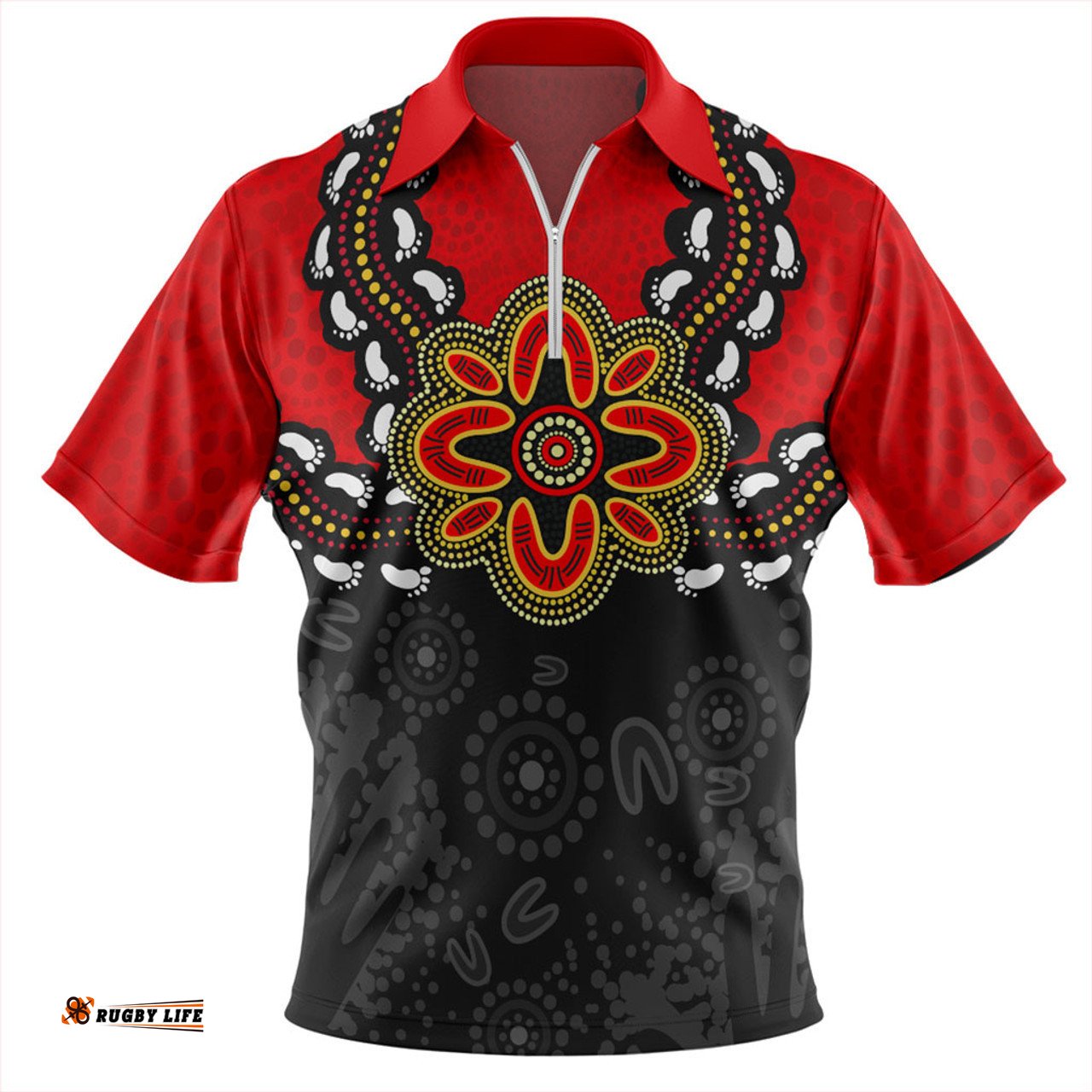 Australia Zip Polo Shirt Aboriginal Inspired Symbol Pattern