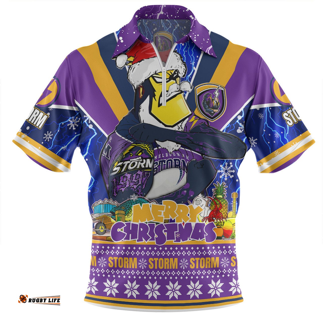 Melbourne Storm Christmas Custom Zip Polo Shirt - Storm Man Santa Claus Aussie Big Things Zip Polo Shirt
