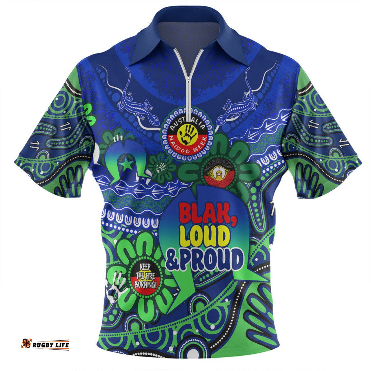 Australia Zip Polo Shirt Naidoc Week Torres Strait Symbol With Aboriginal Pattern Inspired Blue