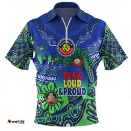 Australia Zip Polo Shirt Naidoc Week Torres Strait Symbol With Aboriginal Pattern Inspired Blue