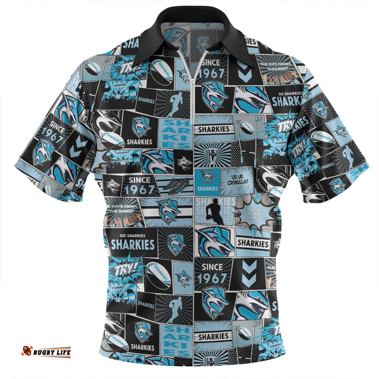 Cronulla-Sutherland Sharks Zip Polo Shirt - Team Of Us Die Hard Fan Supporters Comic Style Zip Polo Shirt
