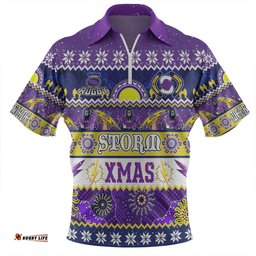 Melbourne Storm Christmas Aboriginal Custom Zip Polo Shirt - Indigenous Knitted Ugly Xmas Style Zip Polo Shirt